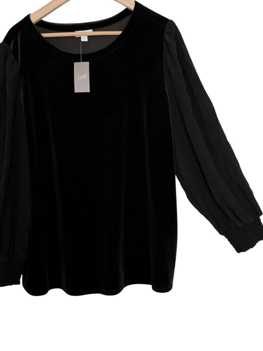 J.Jill Mixed Media Stretch Velvet Woven Balloon Sleeve Smocked Cuffs Black 2X